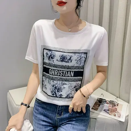 时尚烫钻T恤女短袖ins潮个性百搭洋气圆领上衣设计感显瘦重工小衫商品大图