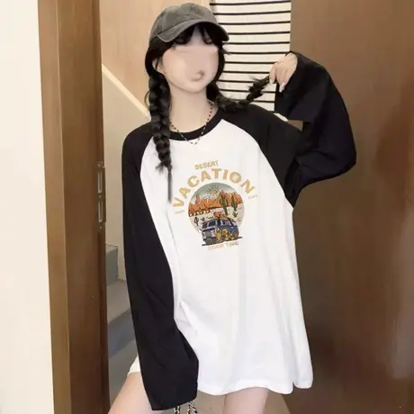 拼色小众插肩长袖t恤女2023秋冬新款时尚印花上衣中长款打底衫潮图片