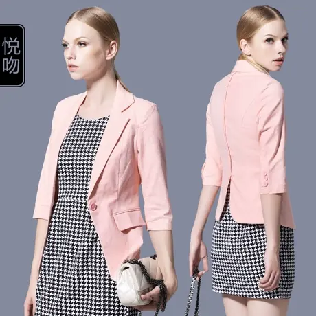 棉麻小西装外套女夏短款高级感2023新款修身七分袖后开衩休闲西服图片