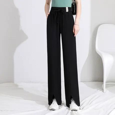 黑色开叉阔腿裤子女春夏2023新款松紧高腰垂感长裤显瘦直筒休闲裤商品大图