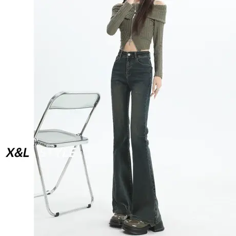 美式复古微喇牛仔裤女秋季高腰梨形显瘦修身高街弹力喇叭马蹄裤子商品大图