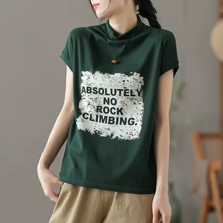 dza复古高领内搭打底衫秋季新款短袖t恤女士宽松短款上衣显瘦体恤商品大图