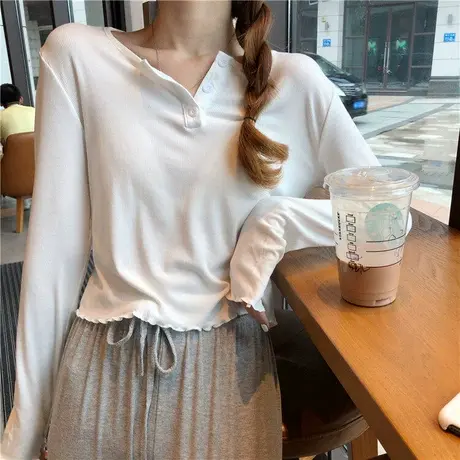 2023夏秋紧身女纯欲风低领高腰长袖木耳边高腰短款设计感T恤上衣商品大图
