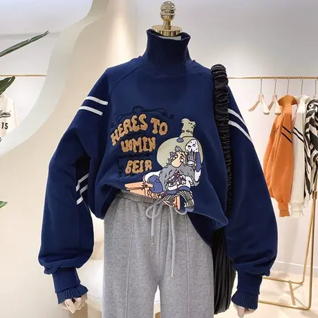 高领卫衣女2020新款秋冬宽松韩版潮ins上衣加绒加厚waitmore外套商品大图