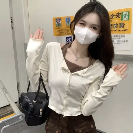 纯欲挂脖打底开衫两件套长袖t恤女春秋内搭设计感木耳边修身上衣商品大图