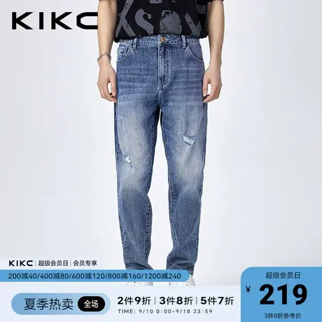 kikc牛仔裤男2023春夏新款商场同款水洗休闲美式复古破洞九分裤图片