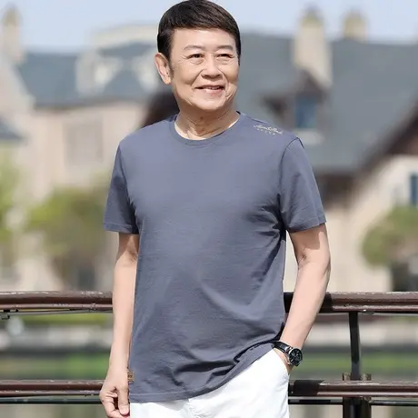 夏季短袖T恤男士纯色纯棉体恤衫中年爸爸装薄款半袖圆领休闲上衣商品大图