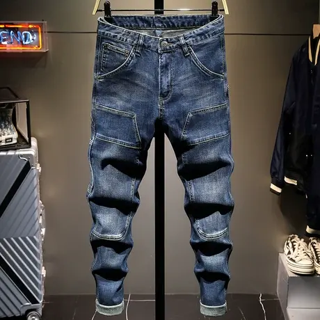 春夏新款拼接牛仔裤男修身小脚百搭男士休闲长裤子男高档显瘦男装商品大图