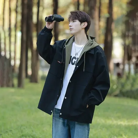 外套男春秋季风衣式男生2023新款秋装假两件冲锋衣休闲男士夹克潮商品大图