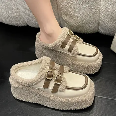 包头羊羔毛毛棉拖鞋女2023秋季新款厚底增高小个子外穿懒人半拖鞋图片
