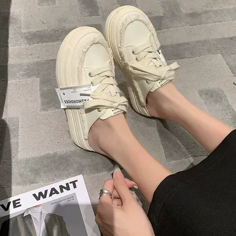 帆布包头半拖鞋女2023春夏新款无后跟休闲风厚底松糕鞋懒人ins潮图片