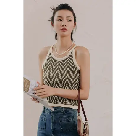 弥古无袖针织吊带背心女夏外穿内搭法式条纹挂脖上衣小众别致打底图片