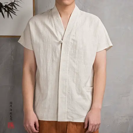 中国风复古棉麻唐装衬衫夏季薄款亚麻短袖汉服中式传统儒家男装图片