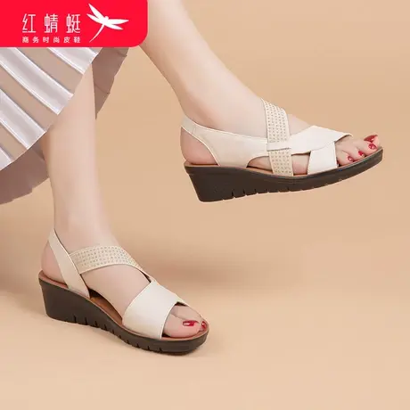 红蜻蜓女鞋中年妈妈时尚女交叉条带设计2024年新款百搭女罗马凉鞋图片