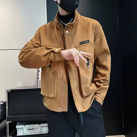 鹿皮绒个性外套高级感秋冬款男装上衣痞帅短款立领机车服工装夹克商品大图