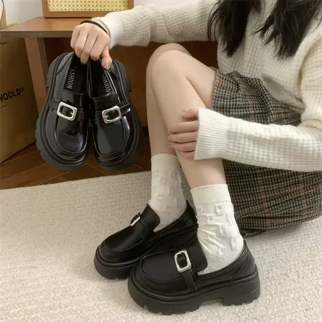 乐福鞋女2024春秋季新款小个子厚底黑色粗跟单鞋英伦风高跟小皮鞋商品大图