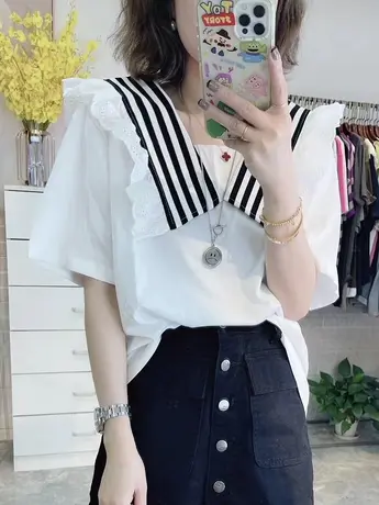 2023年夏季新款潮流百搭衬衫减龄款温柔风娃娃领条纹拼接短袖T恤图片