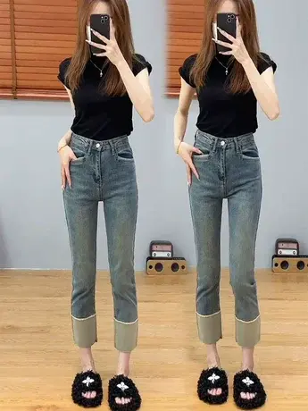 2023年春秋新款复古直筒牛仔裤女高腰显瘦九分翻边拼接烟管裤子潮商品大图