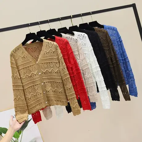短款针织开衫外套女薄款夏季2023新款百搭毛衣温柔防晒衫镂空上衣图片