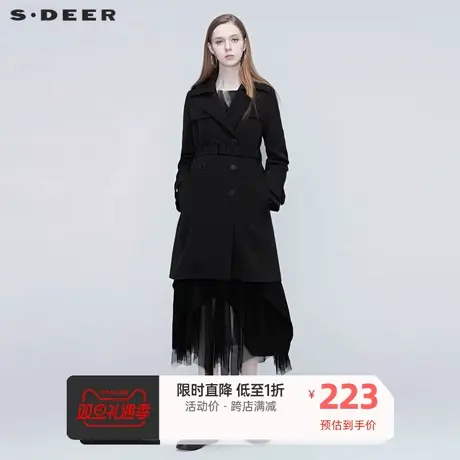 sdeer圣迪奥春季新品女装休闲翻领收腰中长款风衣S20381702🌖图片