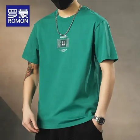 罗蒙t恤男潮流简约百搭纯棉上衣夏季大码宽松男装半袖绿色短袖商品大图