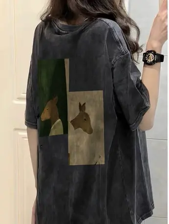 潮牌vintage小个子宽松高街上衣女水洗灰设计感小众大码短袖t恤夏商品大图