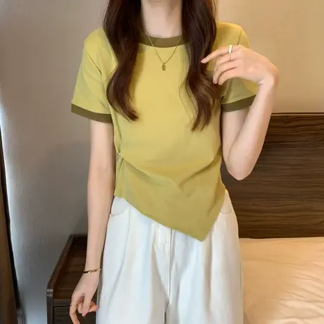 夏季独特别致纯欲风短款不规则撞色上衣设计感小众短袖t恤女ins潮图片