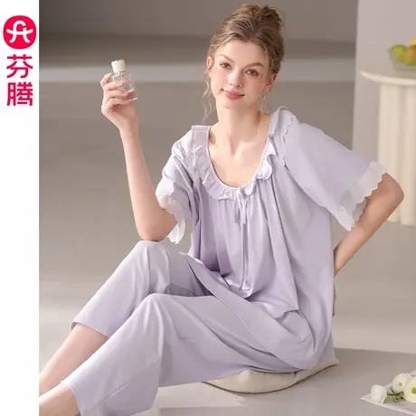 芬腾短袖睡衣女士夏季新款纯棉九分裤套装简约休闲大码女款家居服商品大图