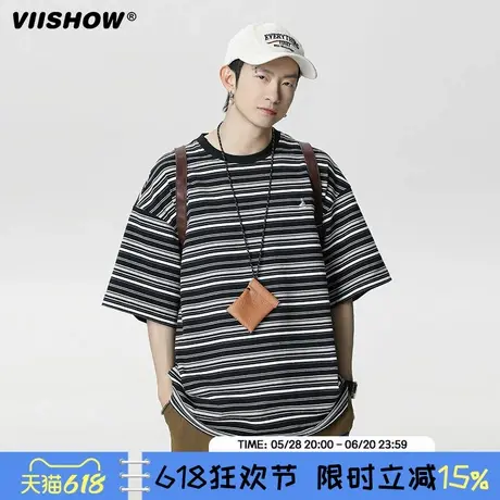 VIISHOW复古撞色条纹短袖T恤男夏季情侣休闲宽松美式复古半袖男商品大图