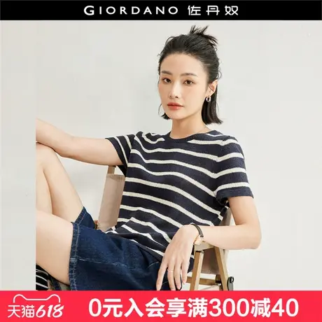 设计师款佐丹奴夏季新款撞色条纹修身圆领短袖针织衫女 18355913商品大图