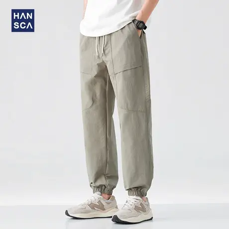 hansca150g双面菱形格休闲裤男宽松束脚2025春季新款拼接抽绳长裤商品大图