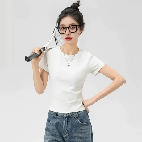 KWV真维斯白色修身辣妹正肩短袖t恤女2025新款独特漂亮掐腰上衣商品大图