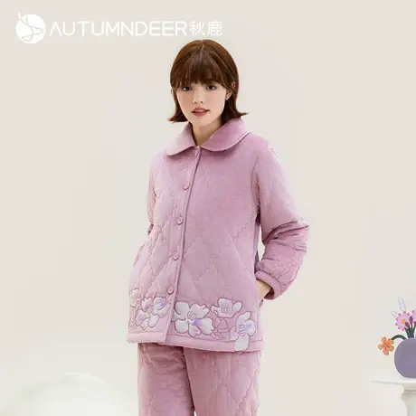 秋鹿冬季睡衣女款开衫珊瑚绒三层加厚夹棉休闲家居服女秋冬两件套商品大图