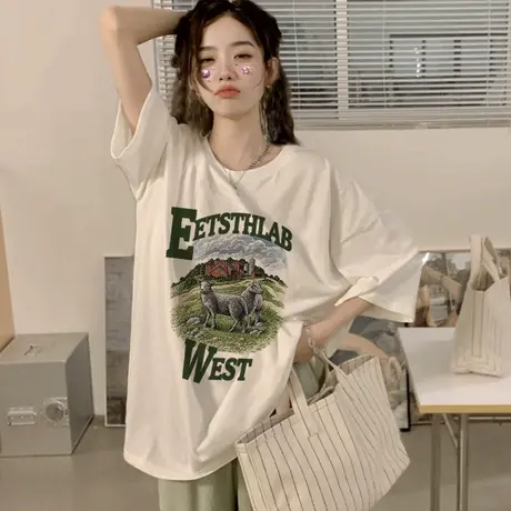 t恤oversize国潮大码纯棉百搭白色短袖女ins潮宽松复古印花上衣夏商品大图