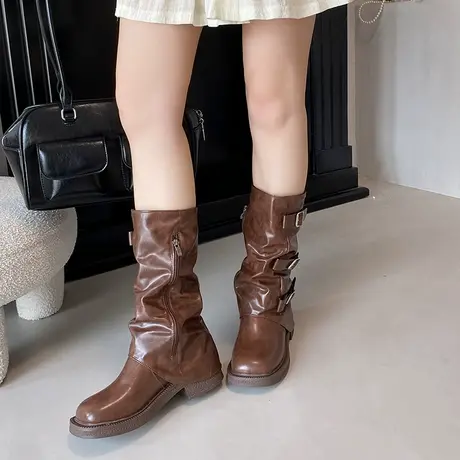 法式百搭堆堆靴女2025年新款秋季英伦风高级马丁靴气质粗跟短筒靴商品大图