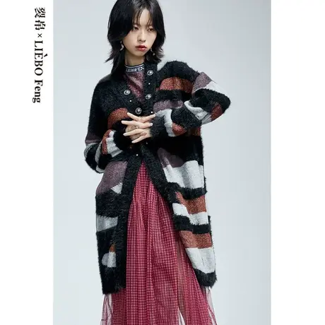 裂帛LIEBOFeng设计师品牌chic复古咖色条纹宽松慵懒风针织开衫女商品大图