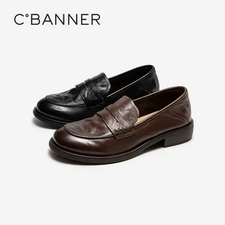 千百度手抓皮低跟乐福鞋女百搭气质新款英伦风小皮鞋通勤深口单鞋图片