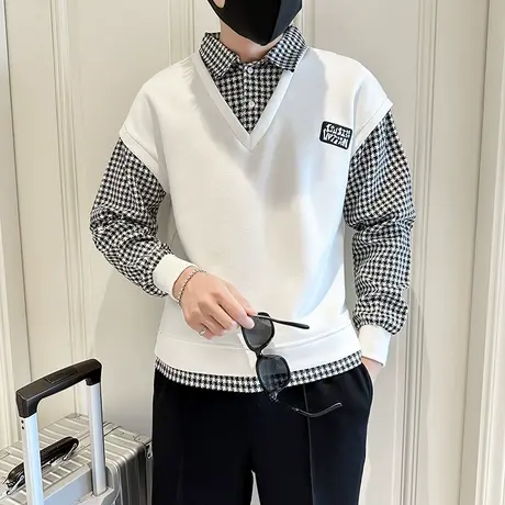 拼接假两件卫衣男秋季个性INS格子潮牌痞帅翻领学生休闲长袖上衣商品大图