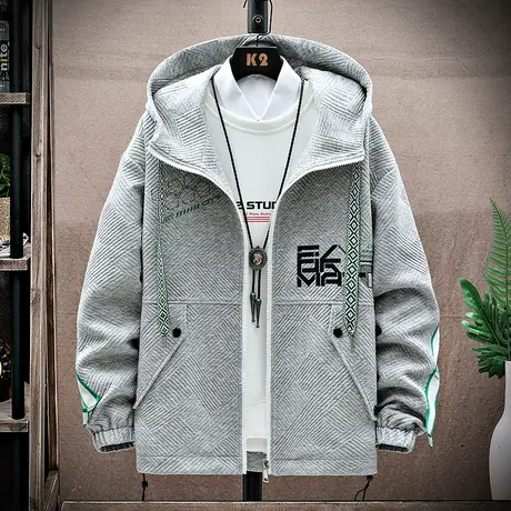 2023新款男士外套春秋季韩版潮流学生休闲帅气华夫格连帽秋装夹克商品大图