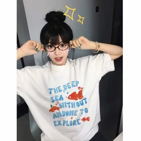 2025年新款美式复古白色趣味字母印花短袖女纯棉小众t恤款夏季ins商品大图