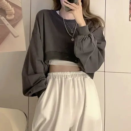 短款卫衣女潮ins早秋薄款宽松韩版学生显瘦长袖休闲运动上衣外套商品大图