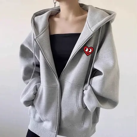 大码美式复古薄款早秋开衫连帽灰色卫衣女ins潮简约拉链情侣外套商品大图