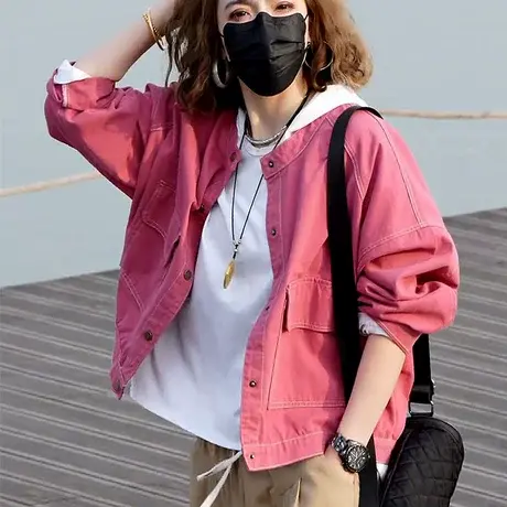 新款休闲百搭圆领长袖大口袋短外套2025秋季女宽松显瘦上衣夹克潮图片