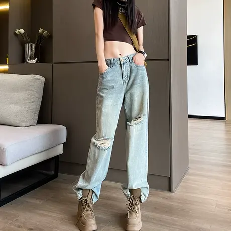 破洞阔腿牛仔裤女2023年春秋新款高腰窄版宽松显瘦ins直筒长裤潮商品大图