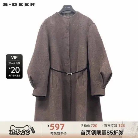 sdeer圣迪奥女装复古圆领收腰格纹宽松双面呢大衣S234Z2539商品大图