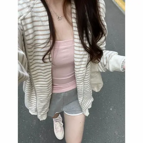条纹拉链开衫连帽卫衣女春秋季薄款韩版宽松显瘦韩版长袖上衣外套商品大图