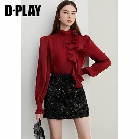 DPLAY冬季优雅气质红色圆领长袖雪纺衫设计感法式气质上衣女商品大图