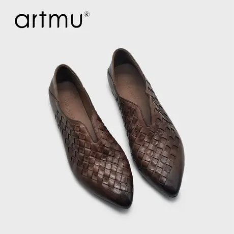 Artmu阿木原创复古真皮编织尖头奶奶鞋低跟单鞋一脚蹬黑色小皮鞋商品大图