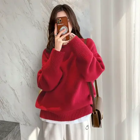 唐狮秋冬新款女简约百搭圆领套头针织衫显瘦洋气超好看毛线衫TD商品大图