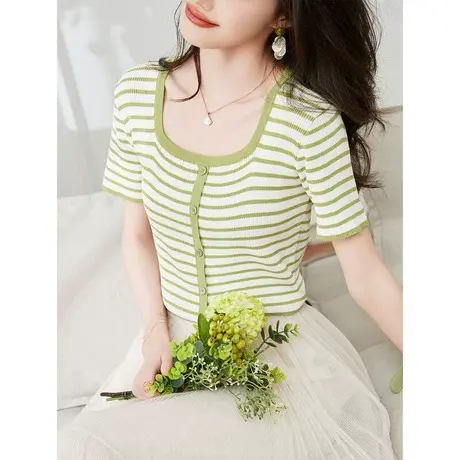 时尚气质方领短袖针织衫2023年夏季新款淑女温柔修身显瘦通勤上衣商品大图